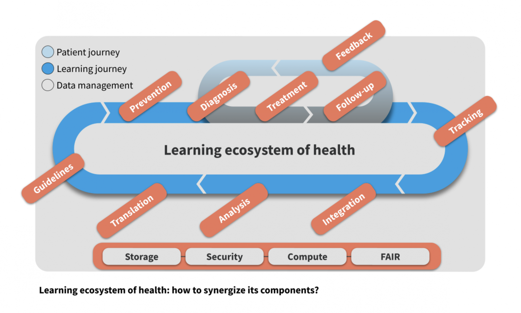 A diagram of the learning ecosystem of health showing how the patient journey (diagnosis, treatment, feedback, followup) is a small component of the overall learning journey ( prevention, diagnosis, treatment, followup, training, integration, analysis, translation, guidelines)