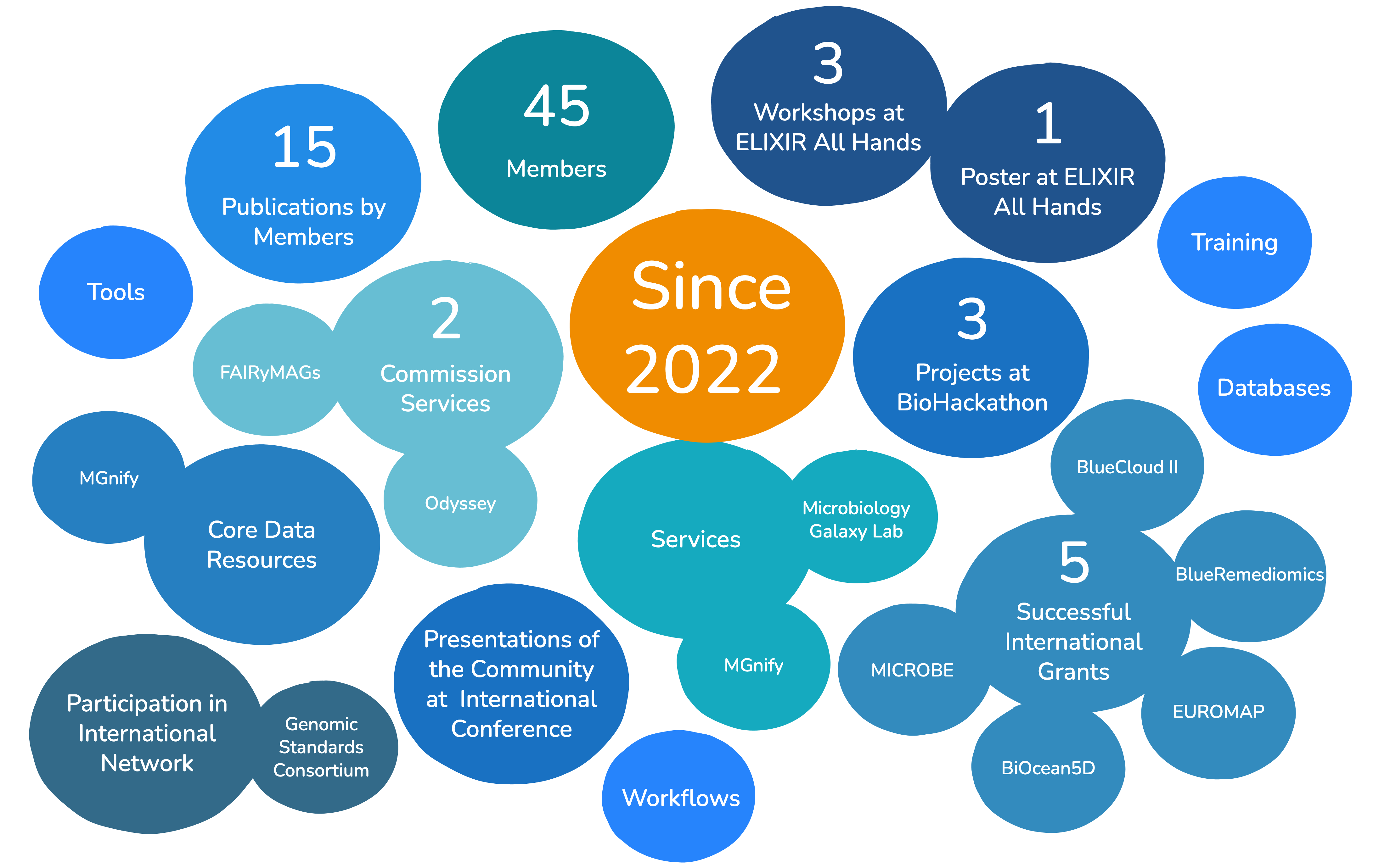 Since 2022, the community has made significant strides and contributions across various domains. Comprising 45 members, they have collectively produced 15 publications and actively participated in 3 workshops at ELIXIR All Hands, in addition to presenting 1 poster. The community has been involved in 3 projects at BioHackathon and developed 2 Commission Services. They have successfully secured 5 international grants, showcasing their commitment to advancing research and innovation. The community's focus areas include a range of tools and resources such as MGnify, FAIRyMAGs, Odyssey, BlueCloud II, BlueRemediomics, EUROMAP, BiOcean5D, MICROBE, and Microbiology Galaxy Lab. Additionally, they have engaged in international networks and conferences, including the Genomic Standards Consortium. Their efforts span core data resources, services, workflows, training, and databases, reflecting a comprehensive approach to their work and collaborations.