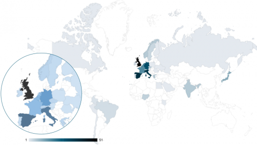 Map showing the global distribution of participants at the BioHackathon Europe 2020